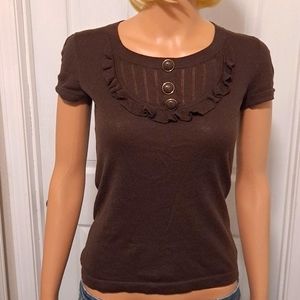 Banana Republic Brown Crew Neck Short-Sleeve Top with Button & Ruffle Accent